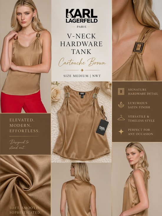 Karl Lagerfeld Tops - Karl Lagerfeld Paris V Neck Hardware Tank Cartouche Brown Medium NWT Satin Top
